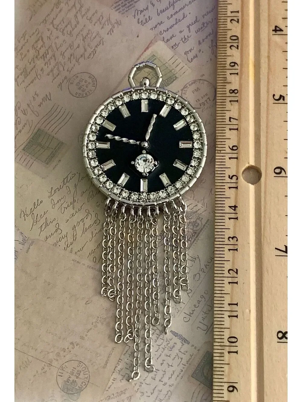 Dazzling Silver Chain Fringe Watch Face Brooch Pin with Rhinestones